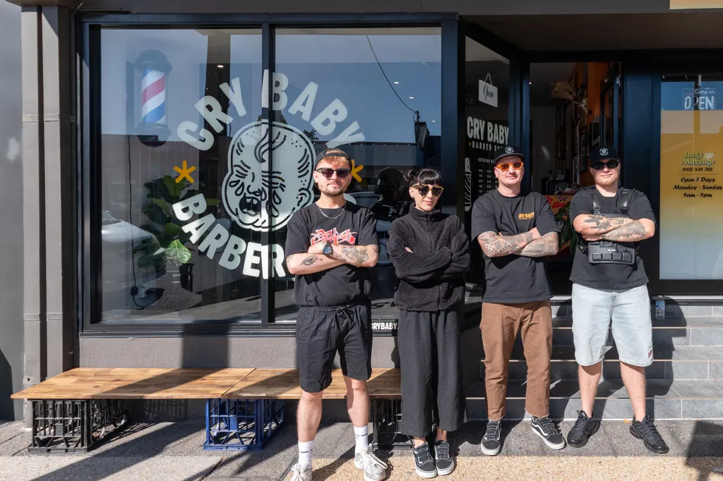 The Cry Baby Barber Shop team outside the Chirn Park shopfront